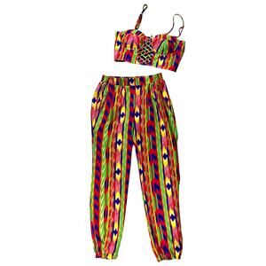 Vintage 1990s Joyce Ikat Geometric 2 Piece Set Crop Top & Tapered Pants Small